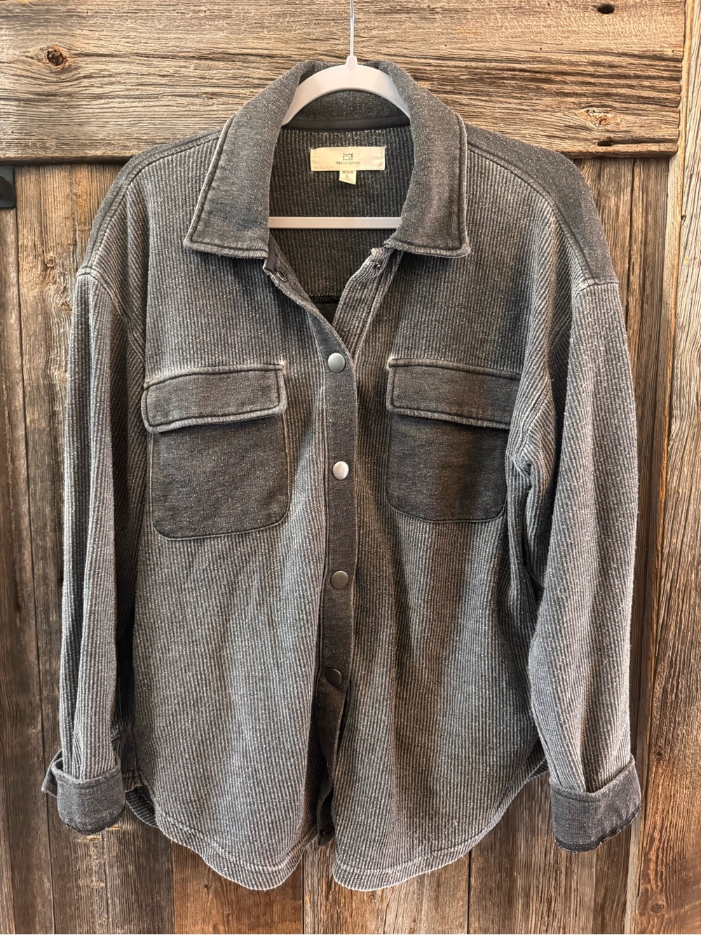 Thread & Supply Charcoal Gray Ribbed Shacket Jacket Medium Oversized Snap Front